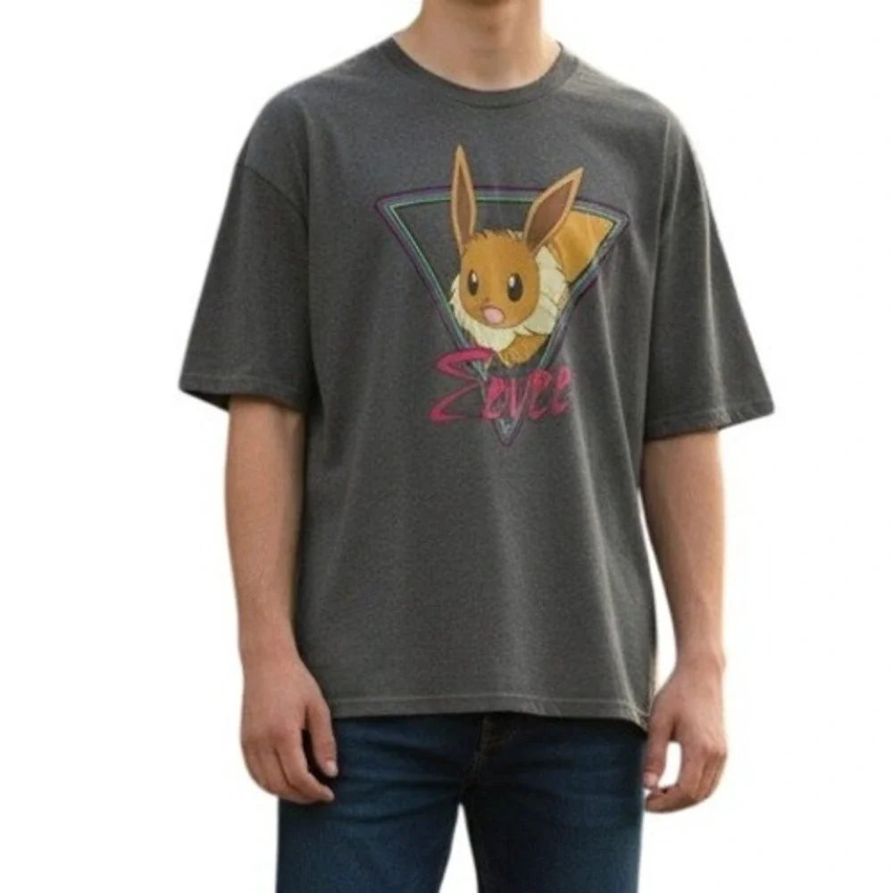 Pokemon Eevee Graphic T-Shirt Gray Neon Retro 80s Style Short Sleeve Tee Mens XL